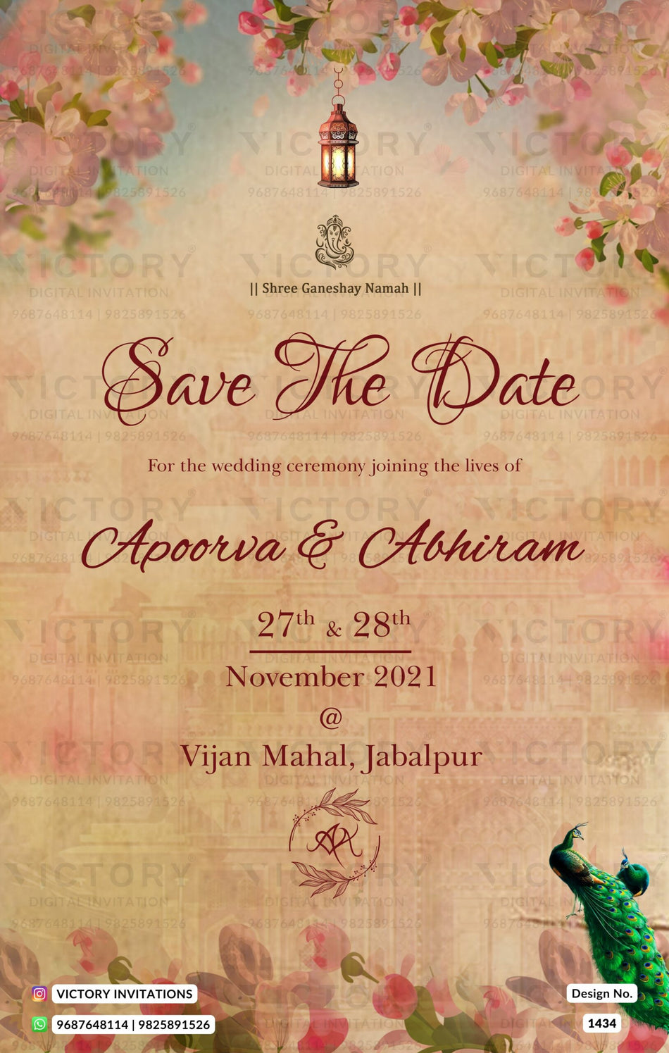 Save the Date card in english language with flowers as vintage theme design 1434