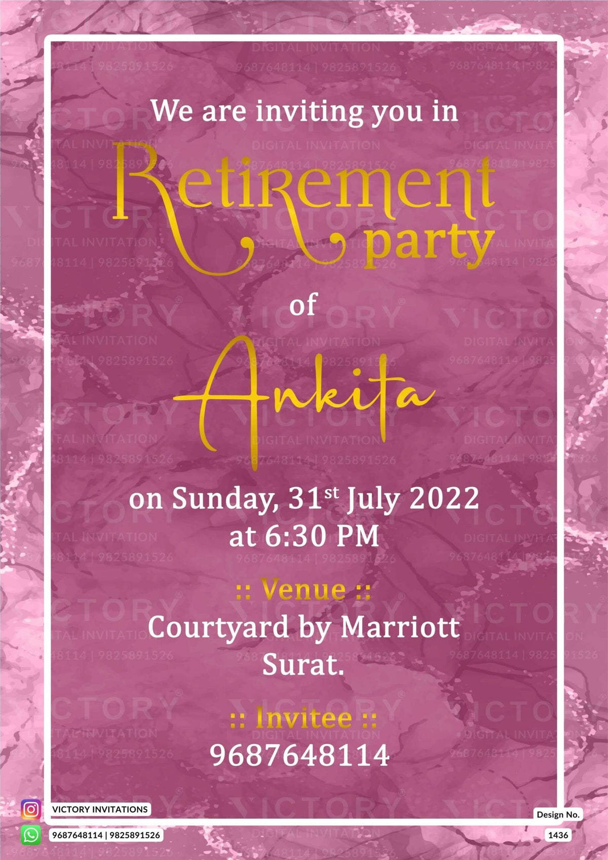 Retirement Party invitation card in english language with frame as minimalistic theme design 1436