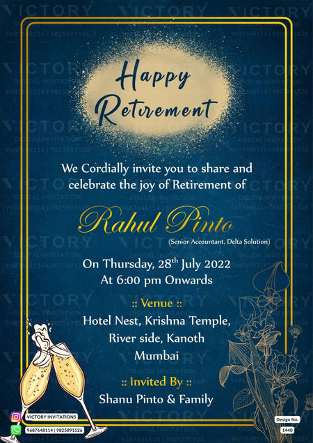 Retirement Party invitation card in english language with frame as glittery theme design 1440