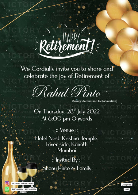 Retirement Party invitation card in english language with glitter as balloons theme design 1442