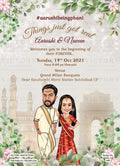 Stylish couple caricature invitation card for wedding ceremony of hindu north indian bhojpuri family in english language with artistic leaves design 145