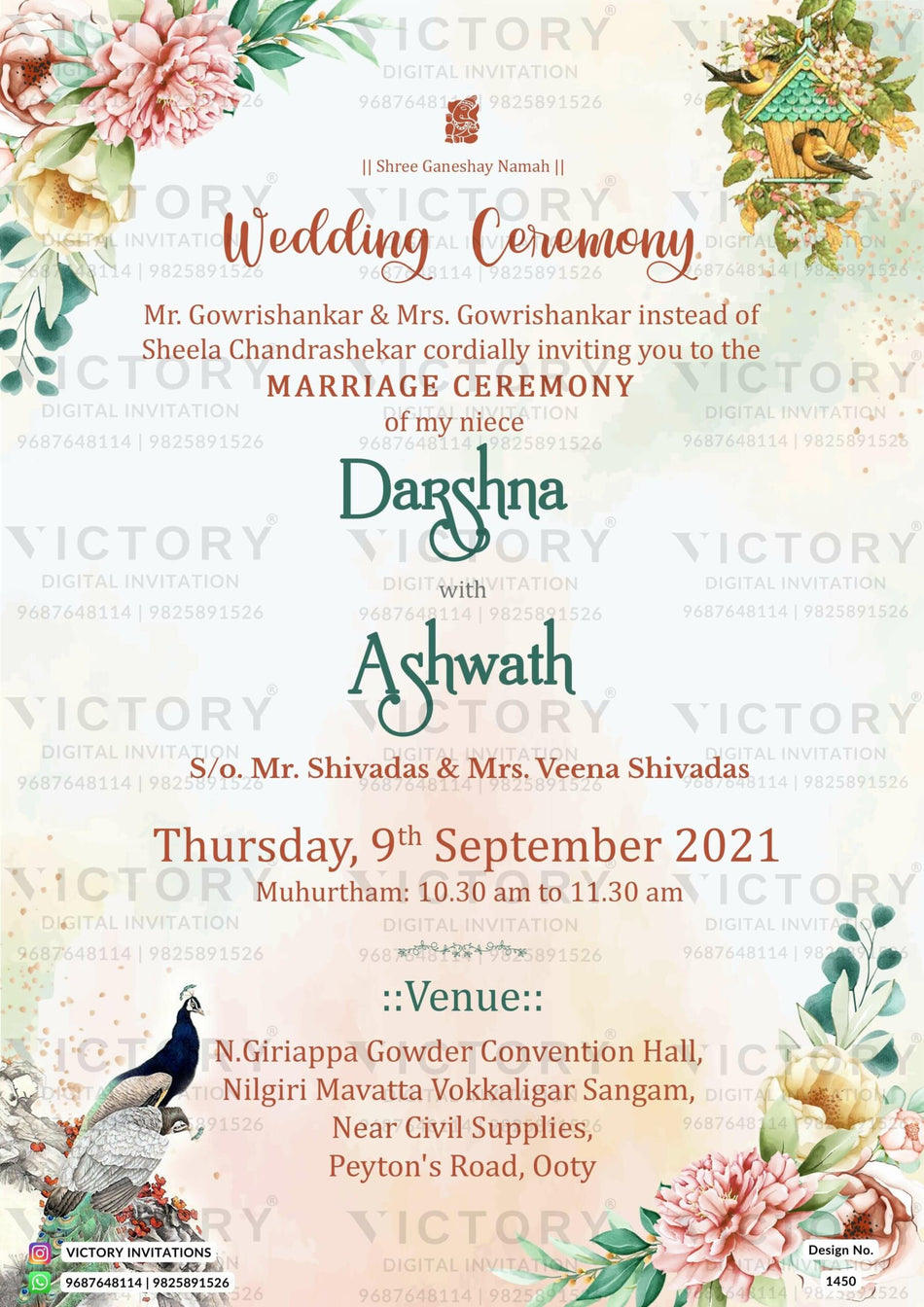 Wedding ceremony invitation card of hindu south indian tamil family in english language with floral theme design 1450