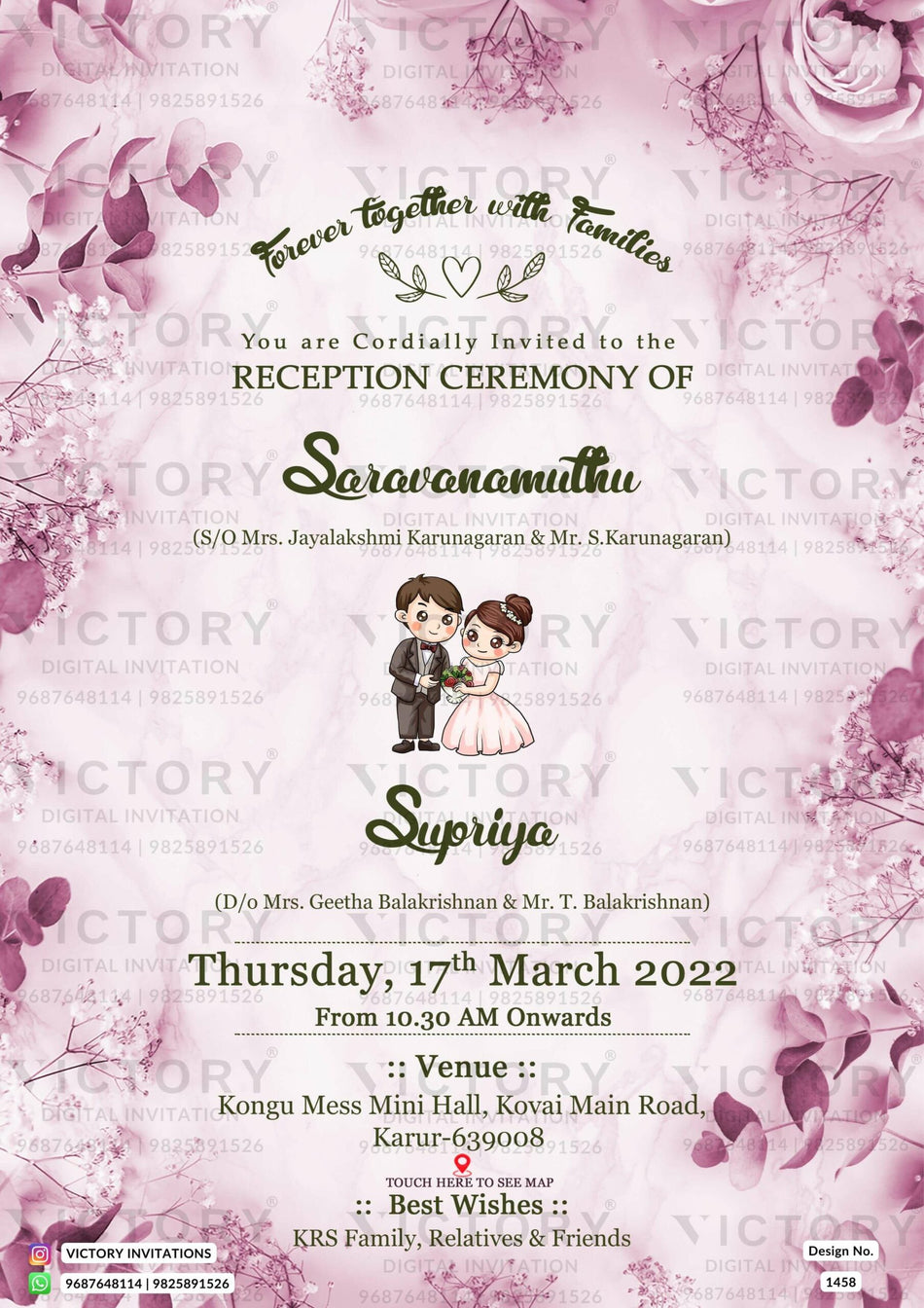 Reception Party invitation card in english language with couple doodle as floral theme design 1458