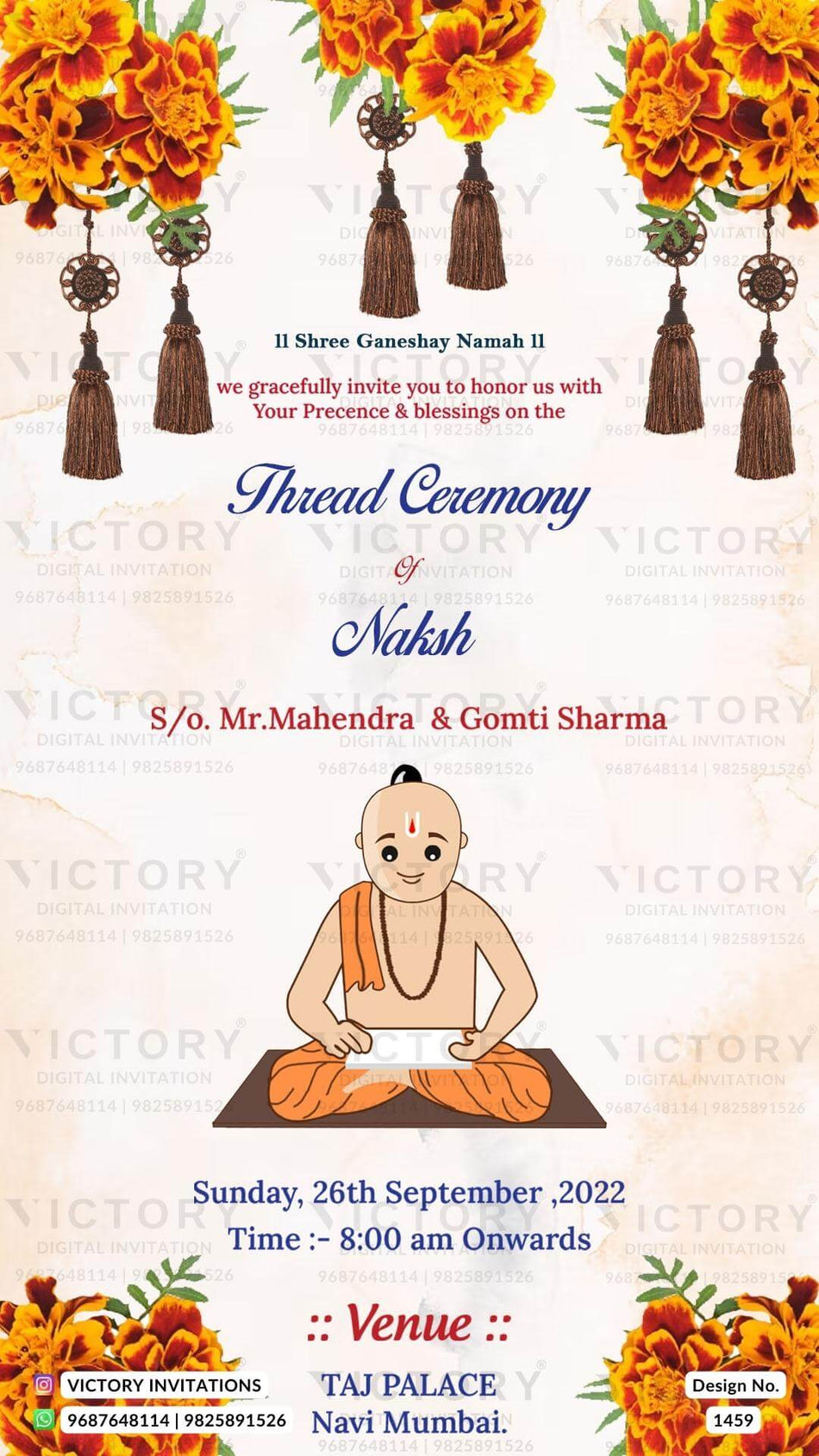 Thread ceremony invitation card in english language with yagnopaveet doodle, flowers as floral theme design 1459