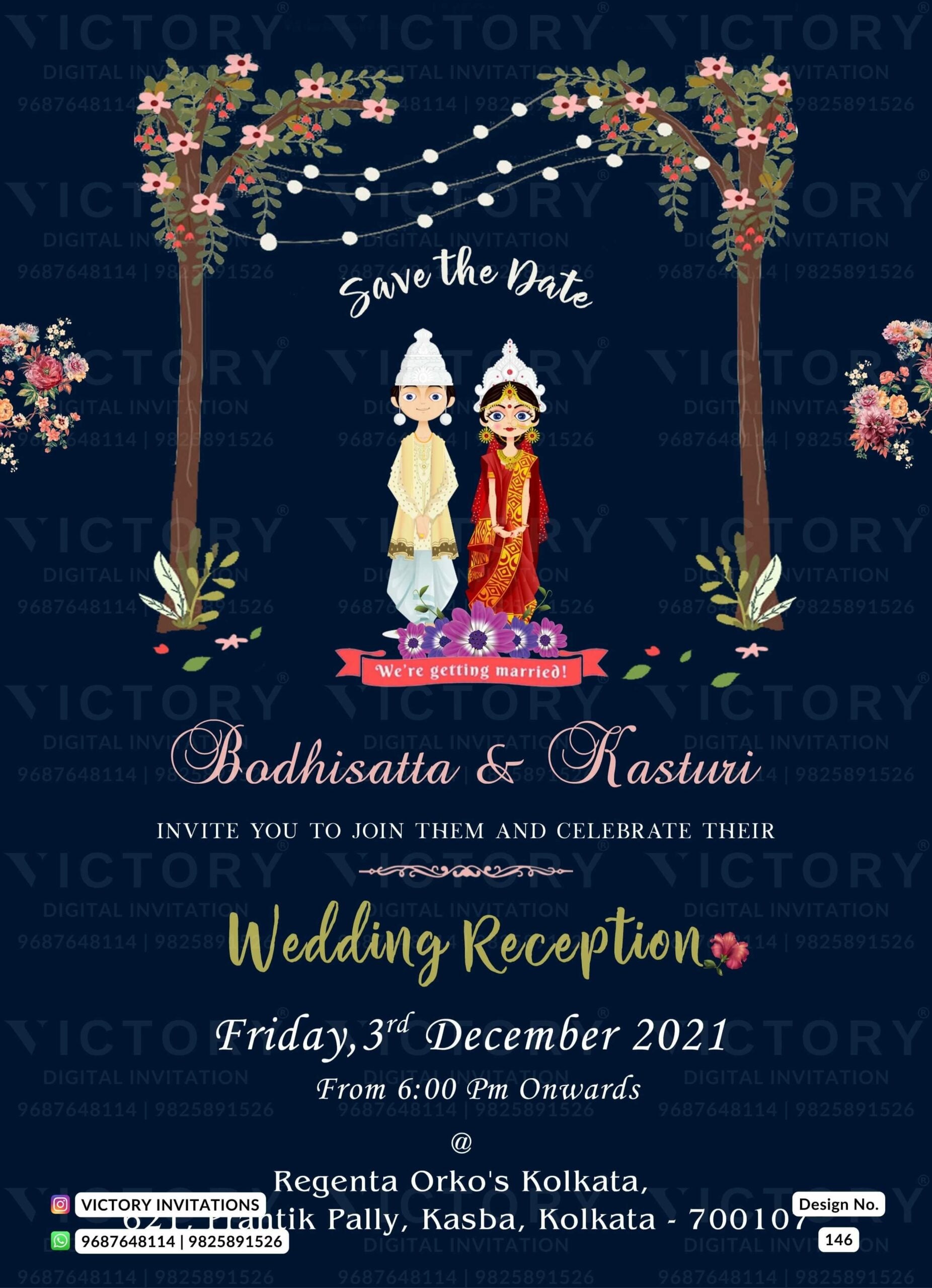 Wedding ceremony invitation card of hindu west bengal bengali family in english language with minimalistic theme design 146
