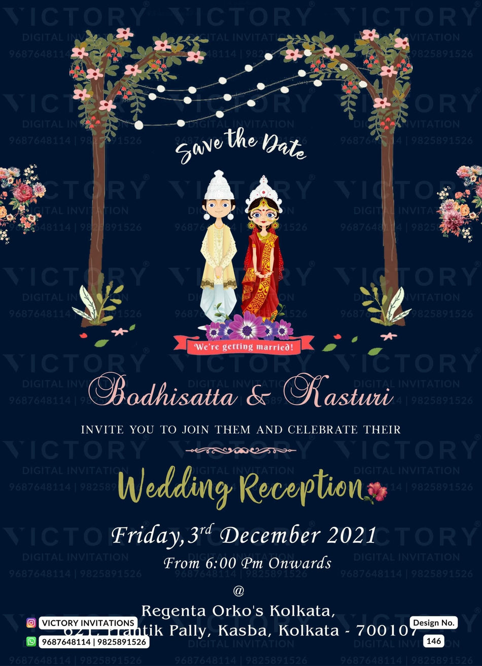 Wedding ceremony invitation card of hindu west bengal bengali family in english language with minimalistic theme design 146