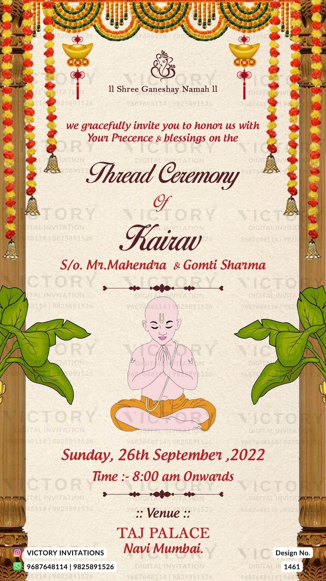 Thread ceremony invitation card in english language with yagnopaveet doodle, marigold garland as traditional theme design 1461
