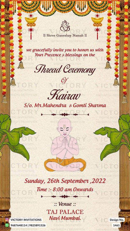 Thread ceremony invitation card in english language with yagnopaveet doodle, marigold garland as traditional theme design 1461