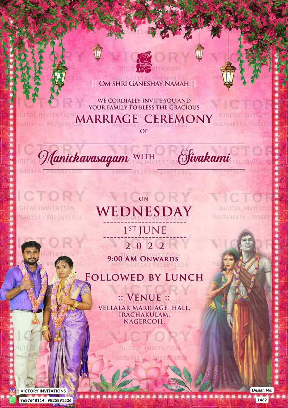Wedding ceremony invitation card of hindu south indian tamil family in english language with floral theme design 1462