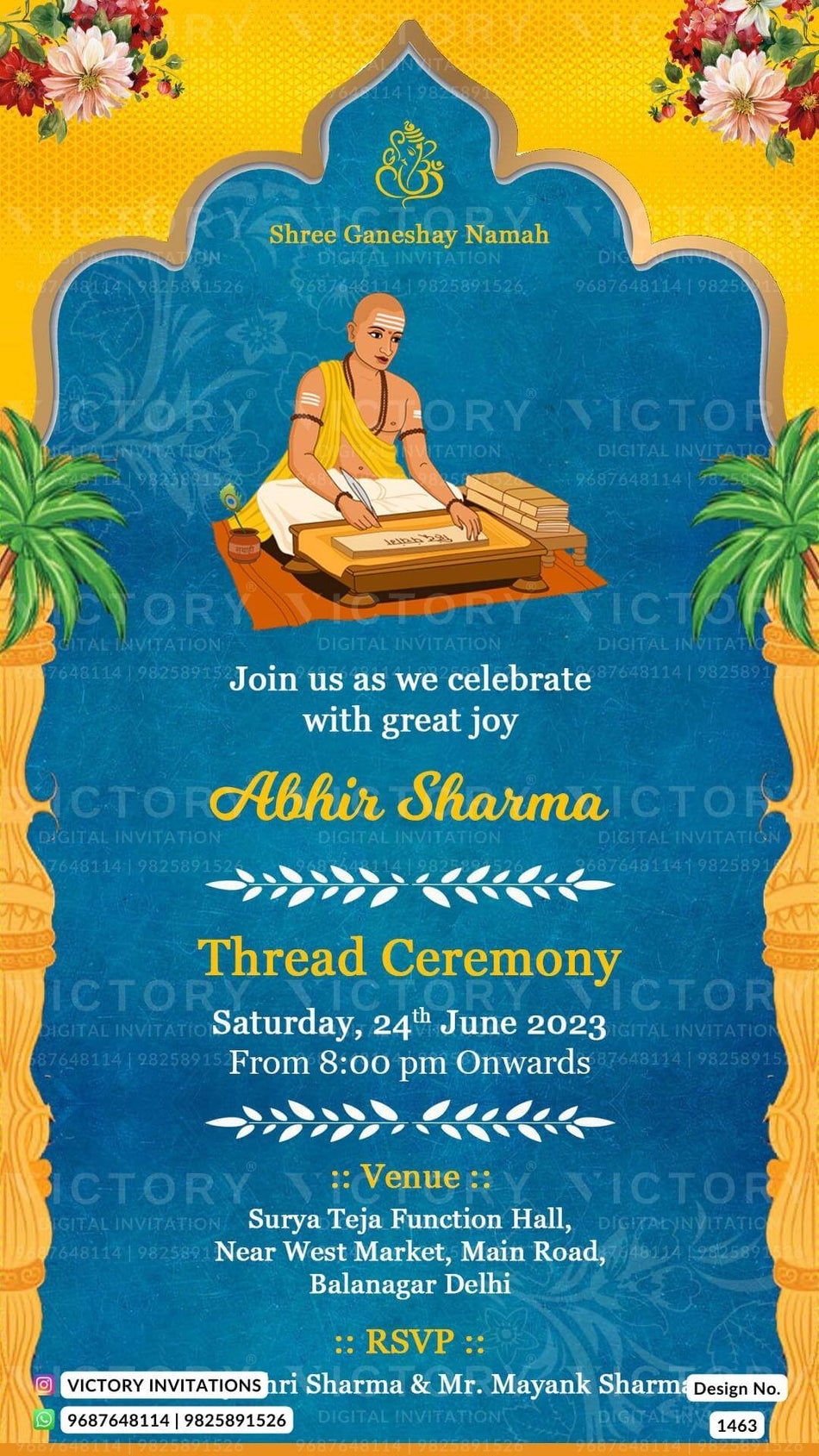 Thread ceremony invitation card in english language with doodle, flowers as traditional theme design 1463