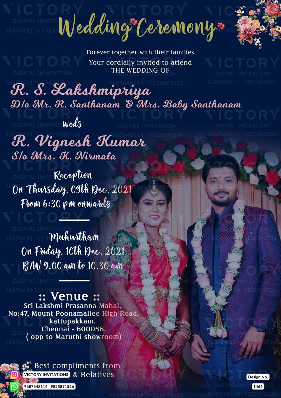Wedding ceremony invitation card of hindu south indian tamil family in english language with couple photo theme design 1466