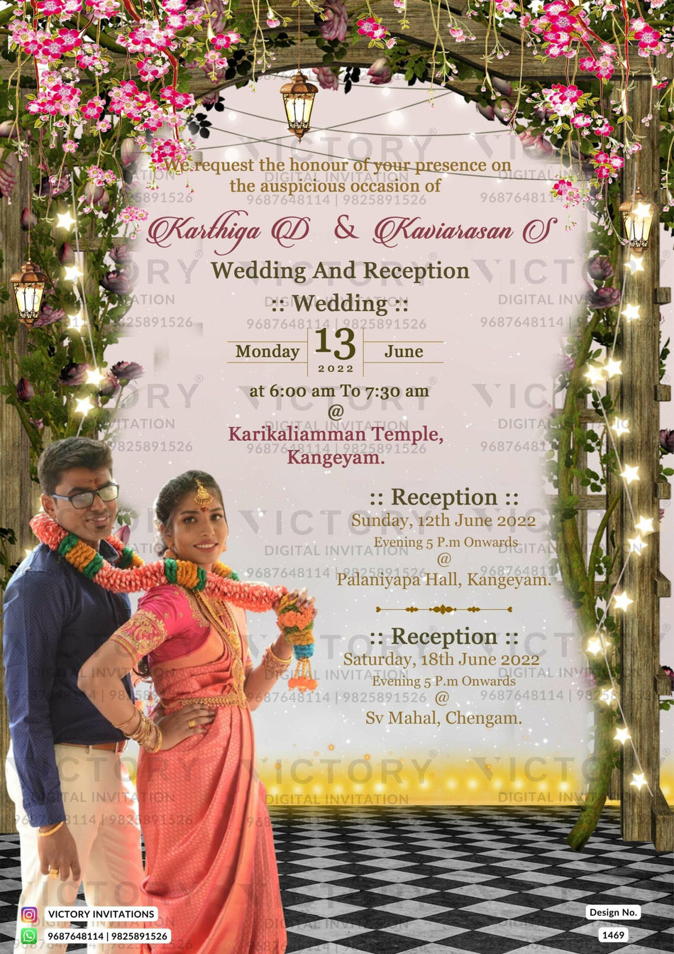 Wedding ceremony invitation card of hindu south indian tamil family in english language with woodland theme design 1469