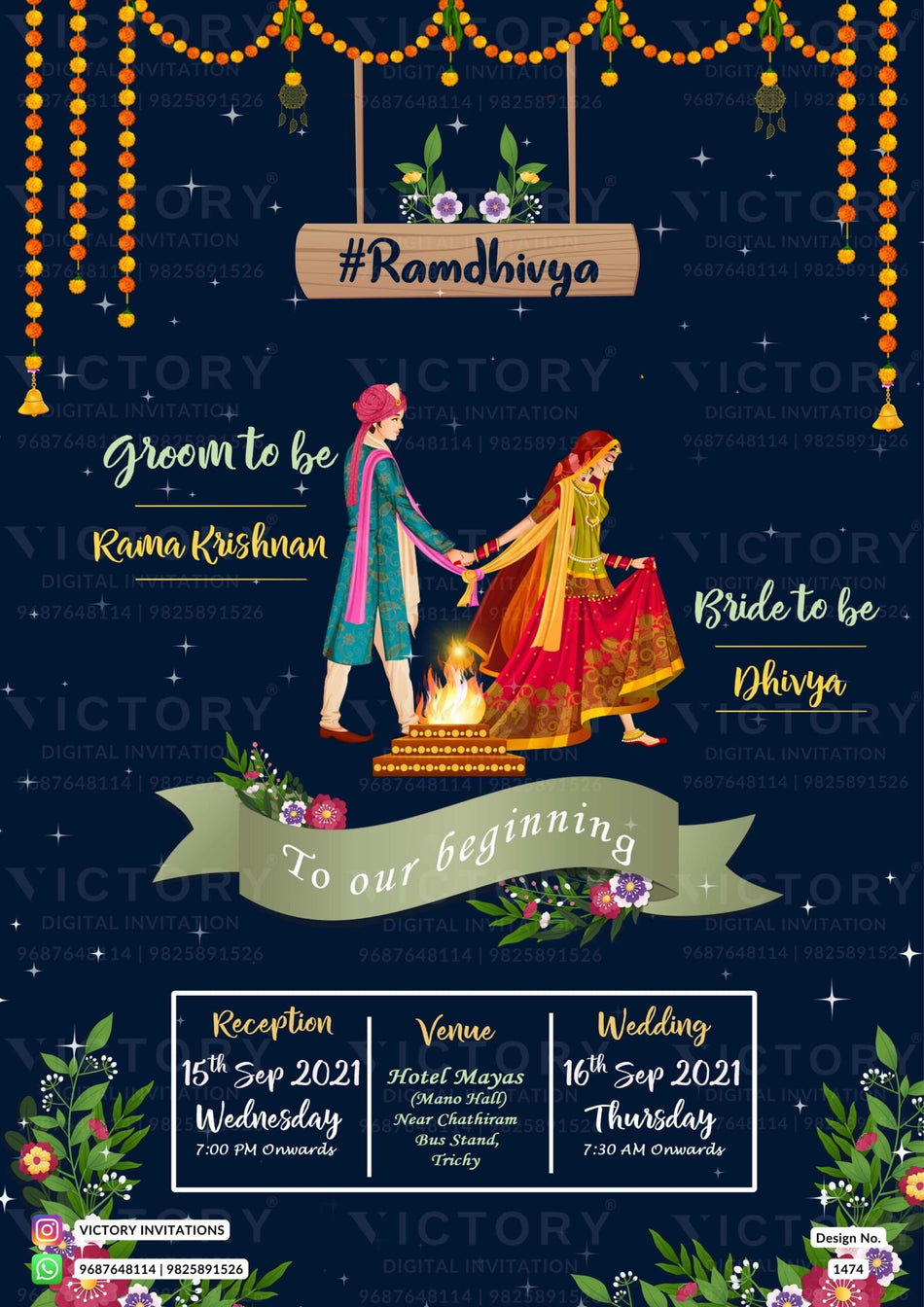 Wedding ceremony invitation card of hindu south indian tamil family in english language with Night view theme design 1474