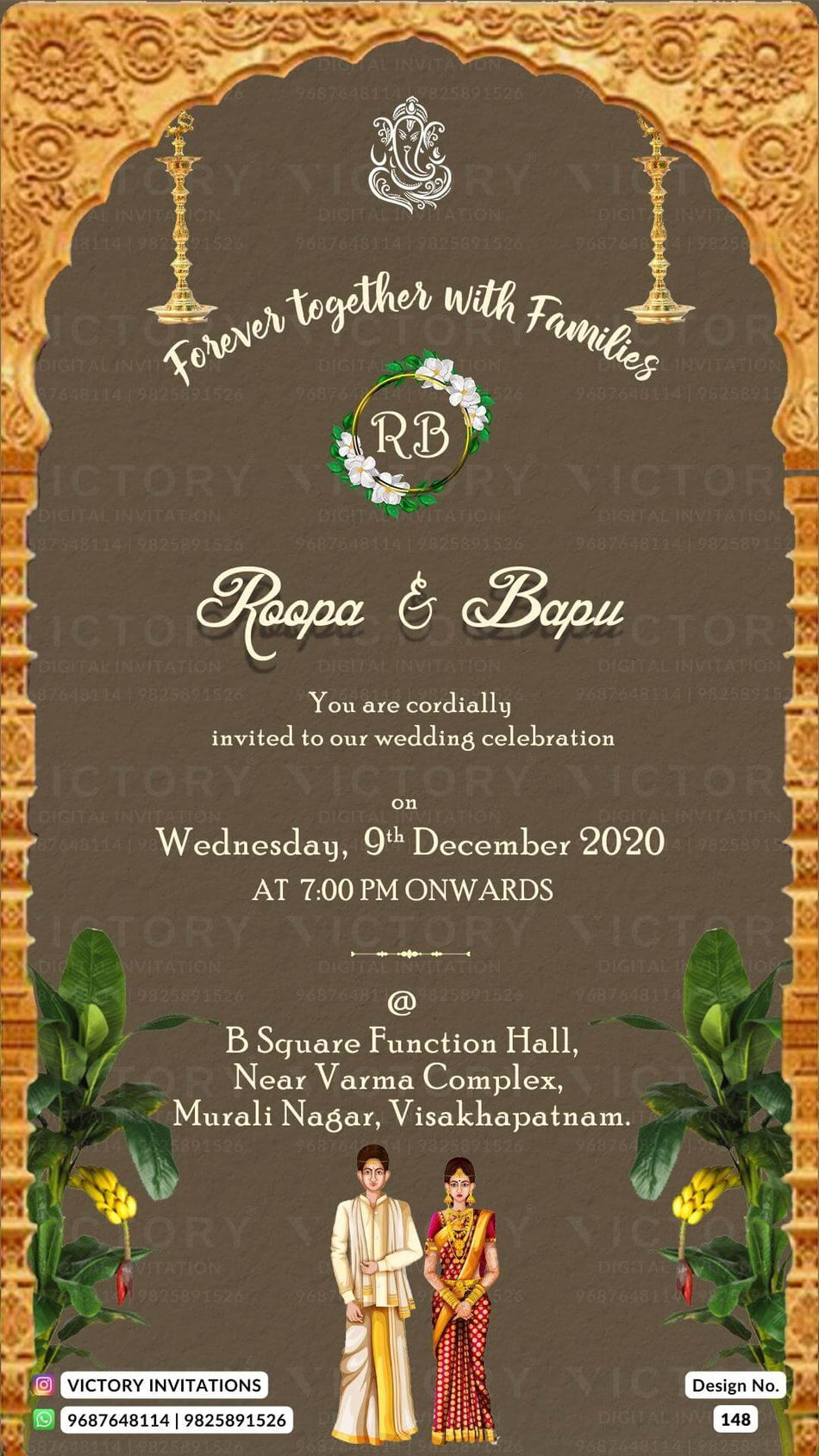 Wedding ceremony invitation card of hindu south indian telugu family in english language with Traditional gate theme design 148