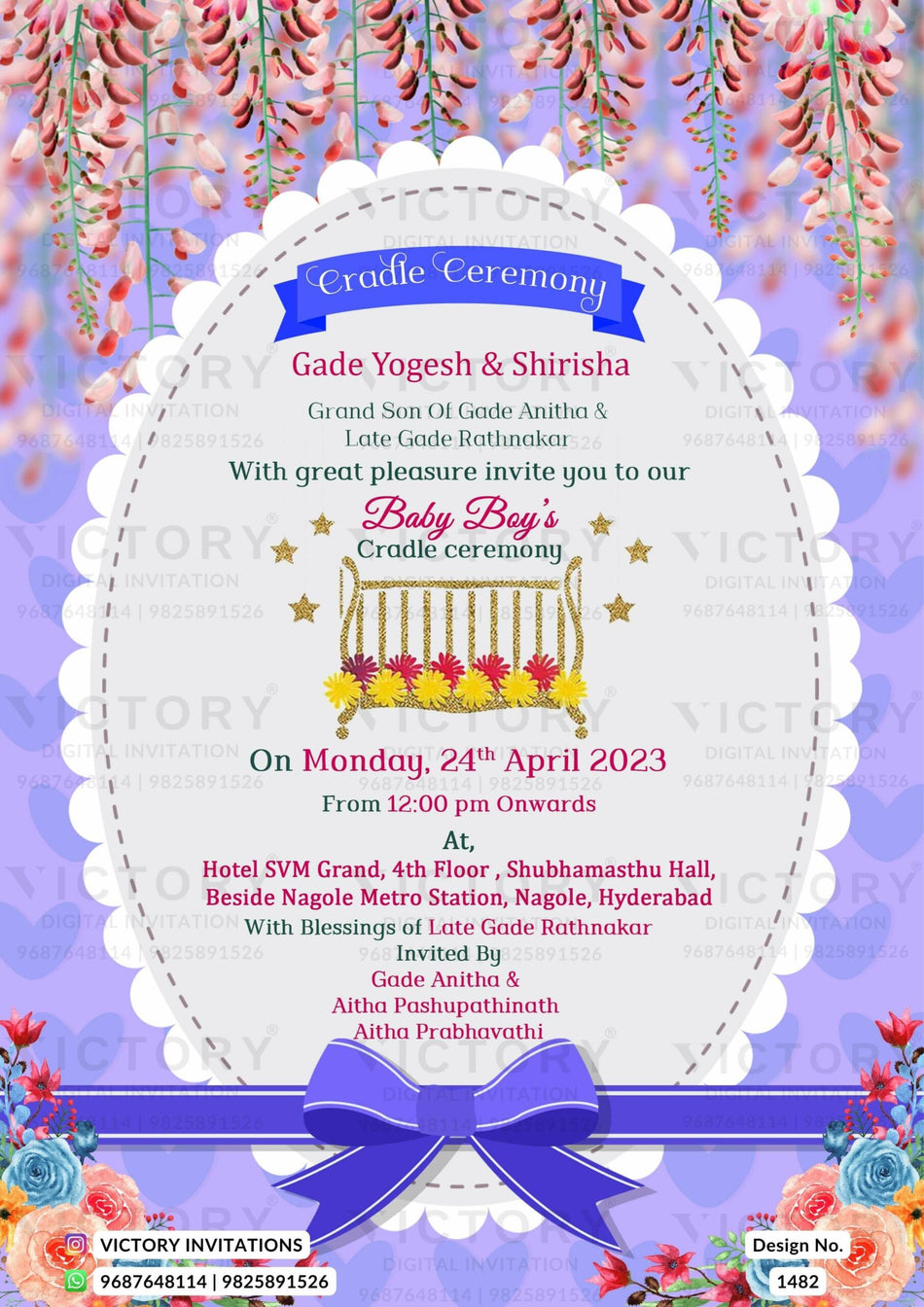 Cradle ceremony invitation card in english language with cradle, flowers as floral theme design 1482