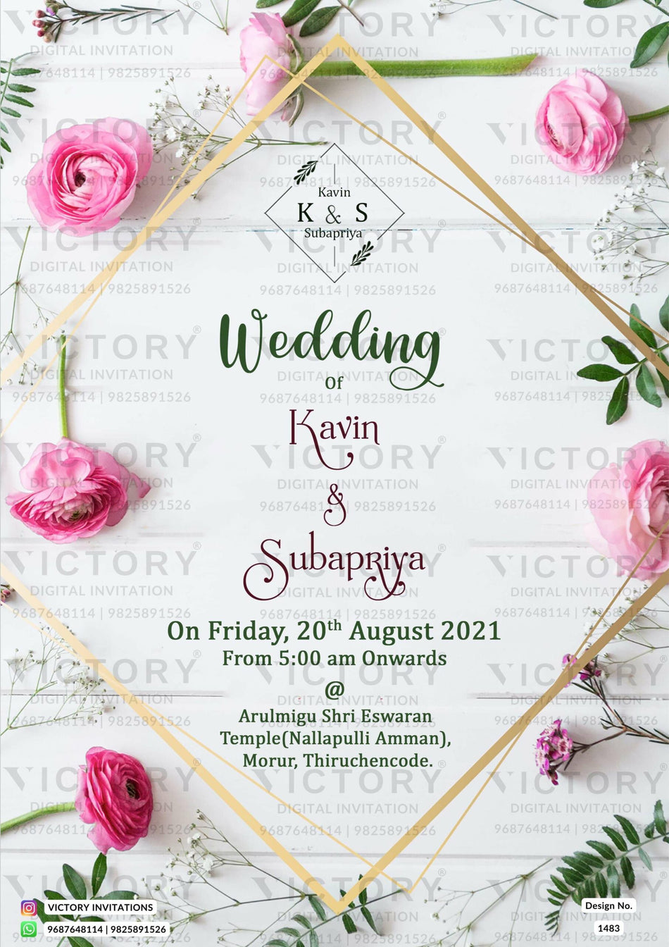 Wedding ceremony invitation card of hindu south indian tamil family in english language with floral theme design 1483