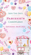 Save the Date card in english language with candy theme design 1486