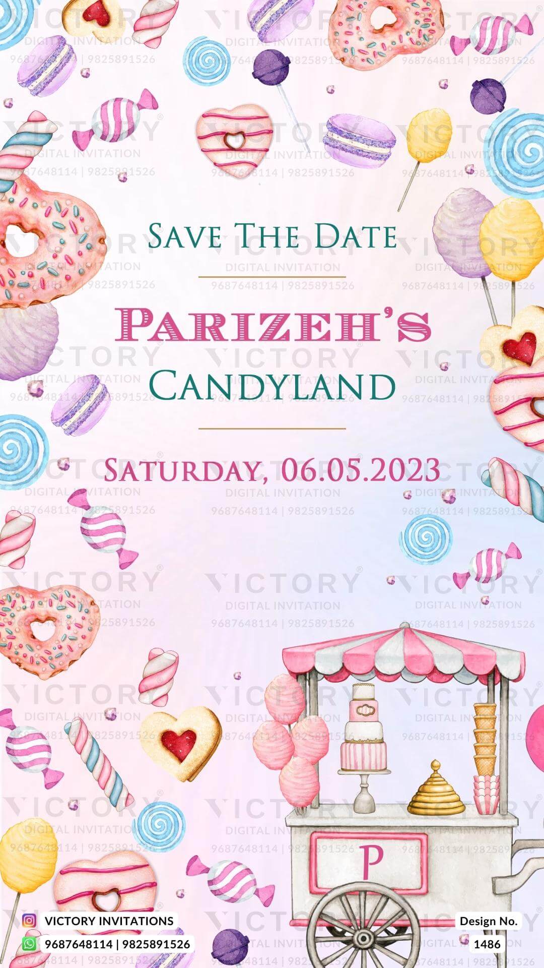 Save the Date card in english language with candy theme design 1486