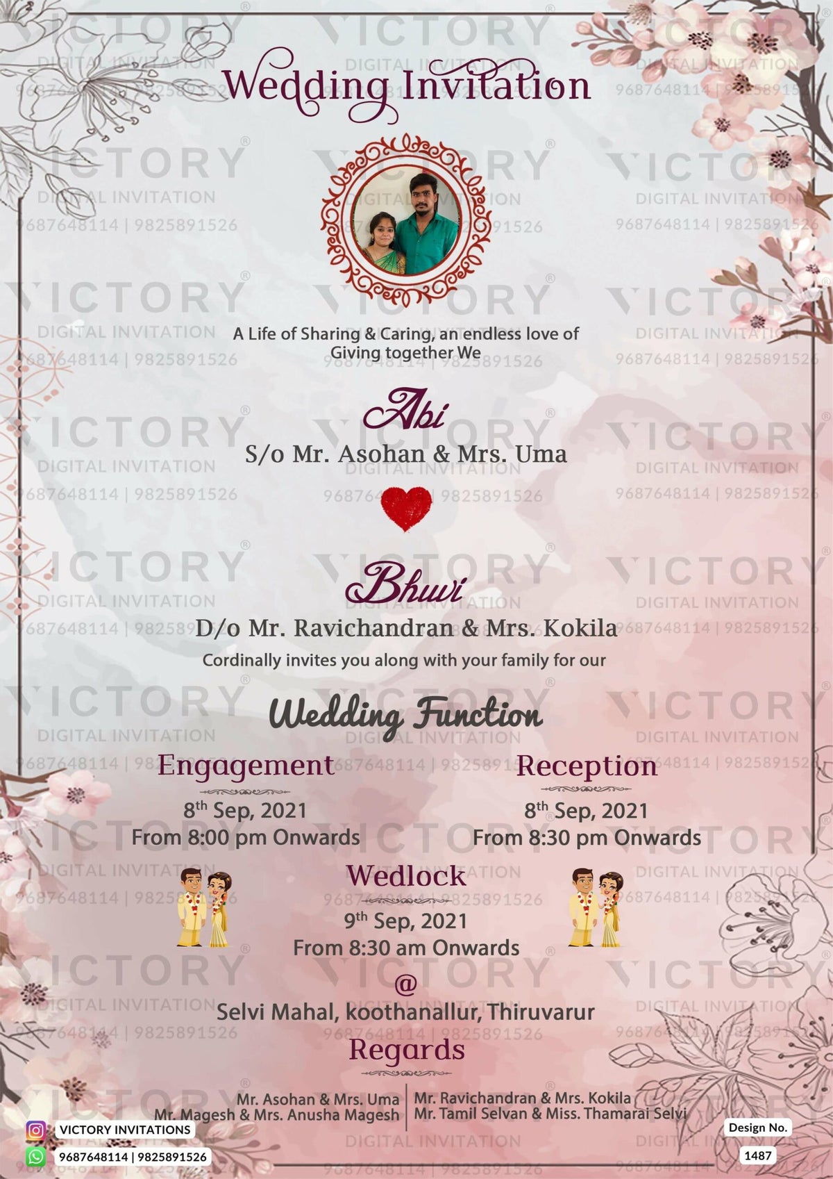 Wedding ceremony invitation card of hindu south indian tamil family in english language with minimalistic theme design 1487
