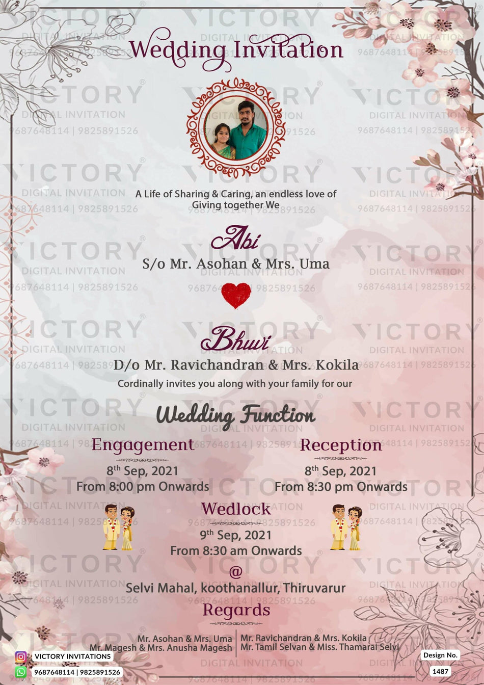 Wedding ceremony invitation card of hindu south indian tamil family in english language with minimalistic theme design 1487
