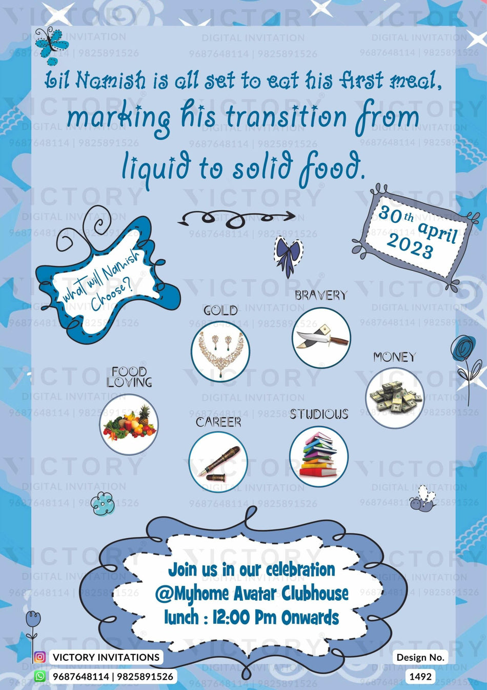 A dazzling Chatthi Ceremony Invitation Unveiling Aqua blue Backdrop, Enchanted Frame, Butterflies boards, and Festive Illustrations, Design no.1492
