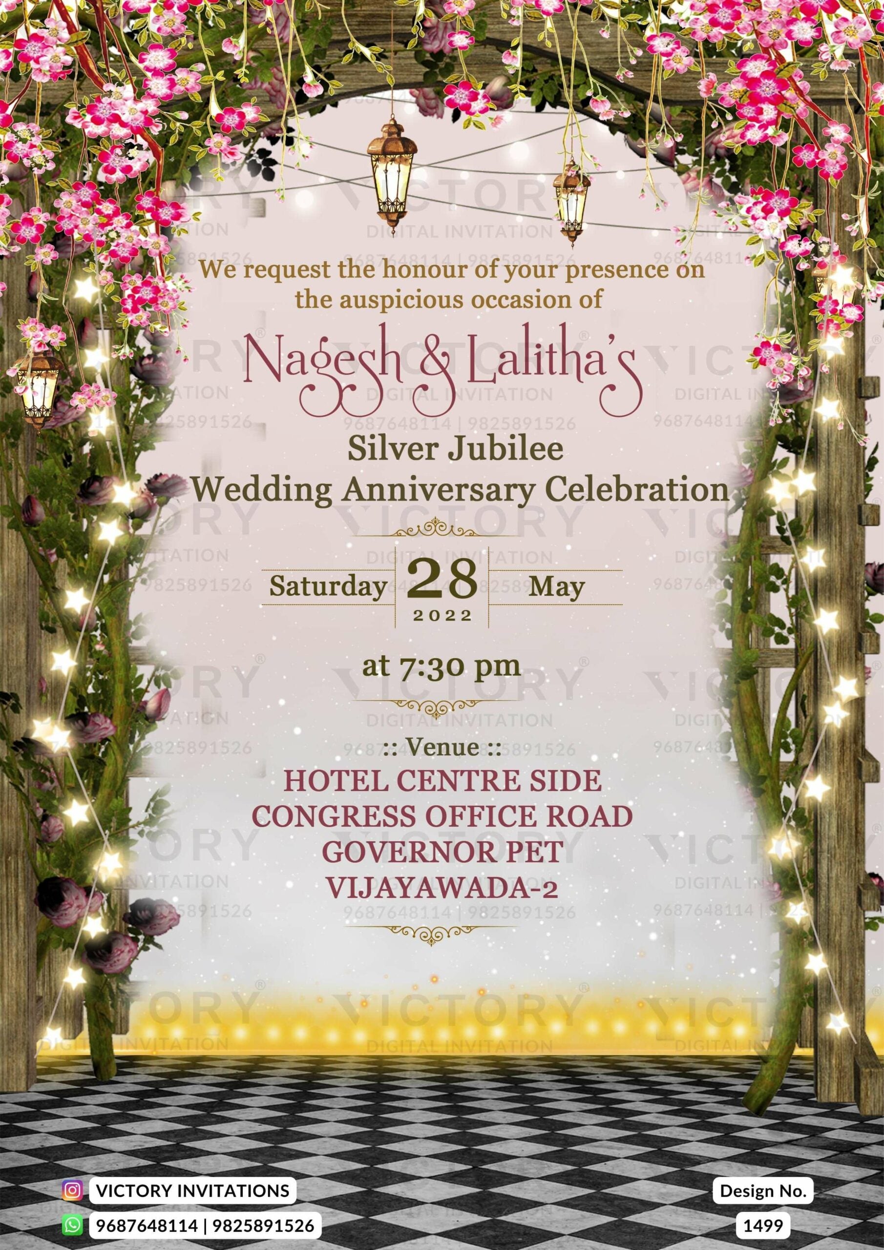 25th Wedding Anniversary invitation card in English language with flowers, lantern as gate theme design 1499