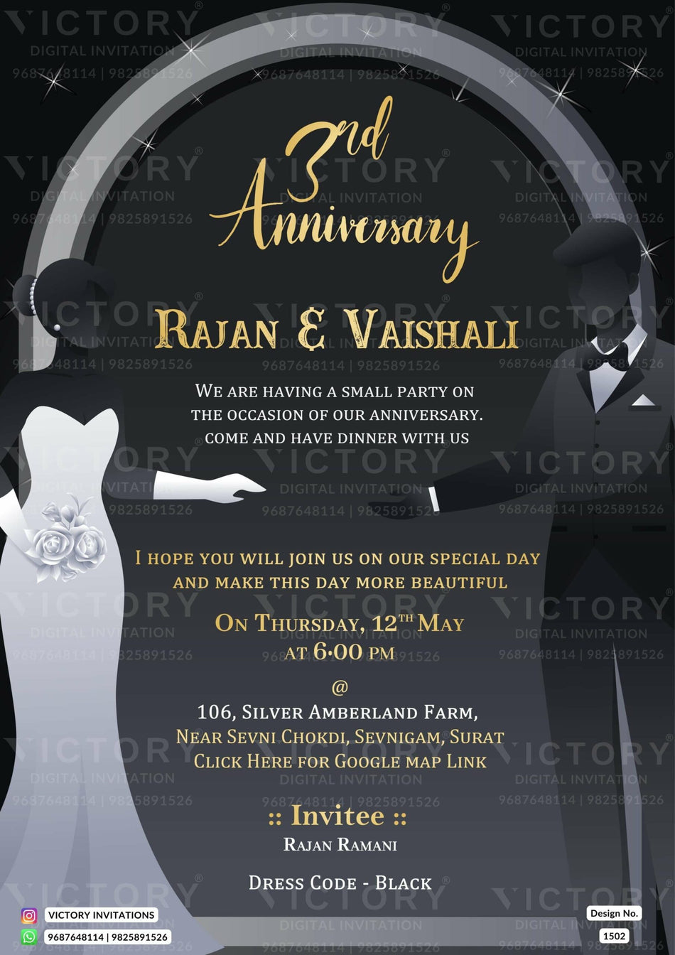 3rd Wedding Anniversary invitation card in English language with romantic couple doodle as gate theme design 1502
