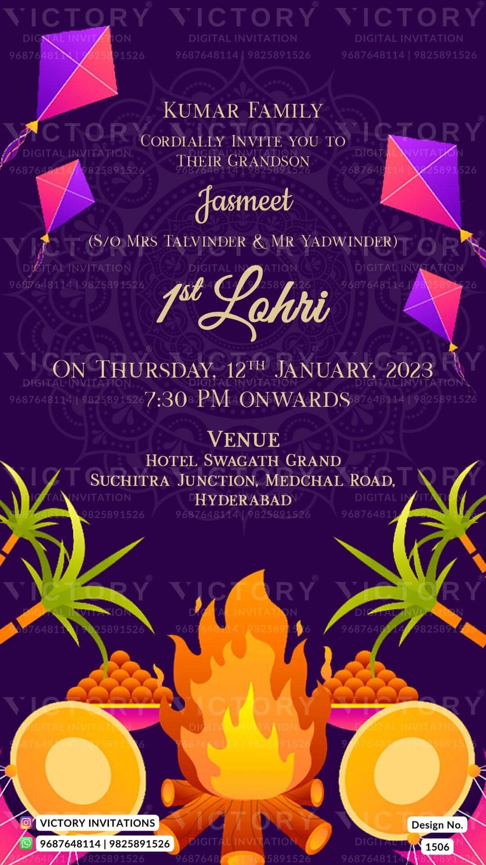 Lohri invitation card in english language with kite, tabla, leaves, mandala, bonfire as mandala theme design 1506