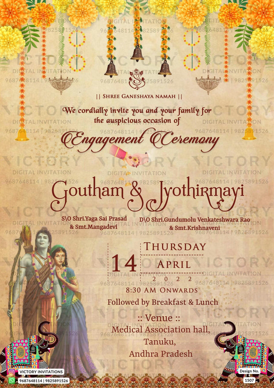 Engagement ceremony invitation card in english language with umbrella, elephant, god image, bells as marigold flowers theme design 1507