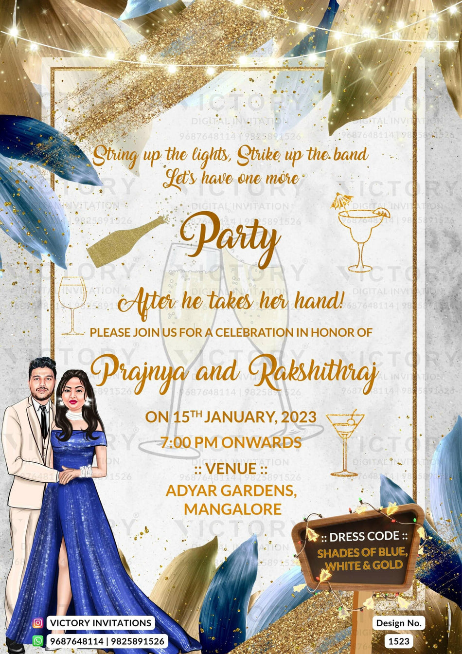 Glittery couple caricature invitation card for Sangeet Sandhya in English language with lights, leaves as glittery theme design 1523