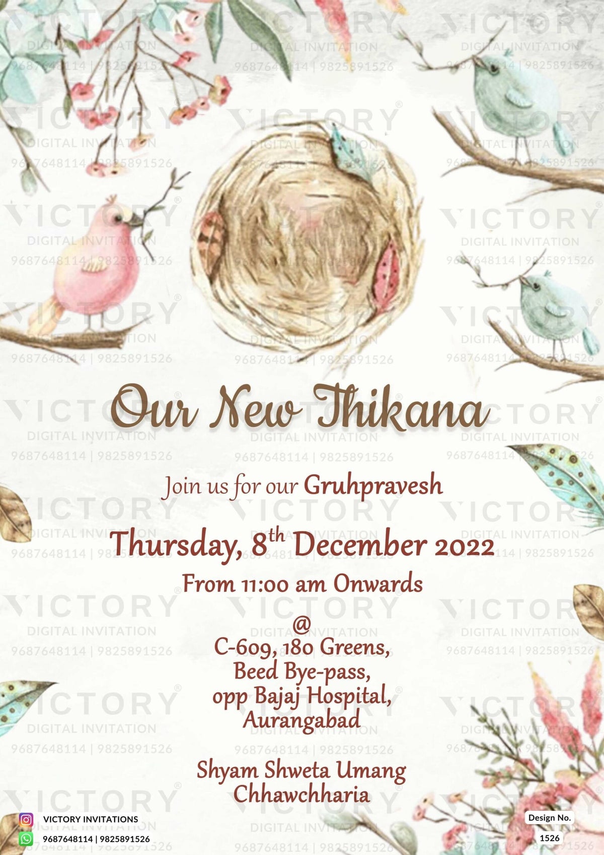 House Warming ceremony invitation card in english language with nest, leaves as birds theme design 1526