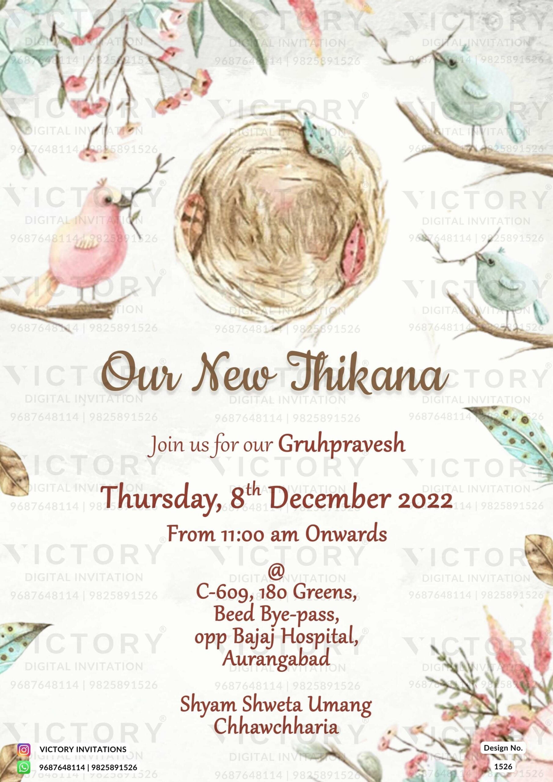 House Warming ceremony invitation card in english language with nest, leaves as birds theme design 1526