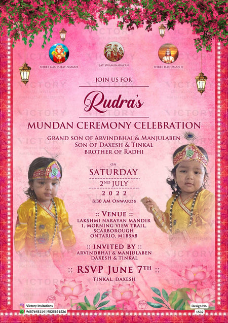 Mundan Ceremony invitation card in english language with lantern, louts, and real baby image as floral theme design 1532