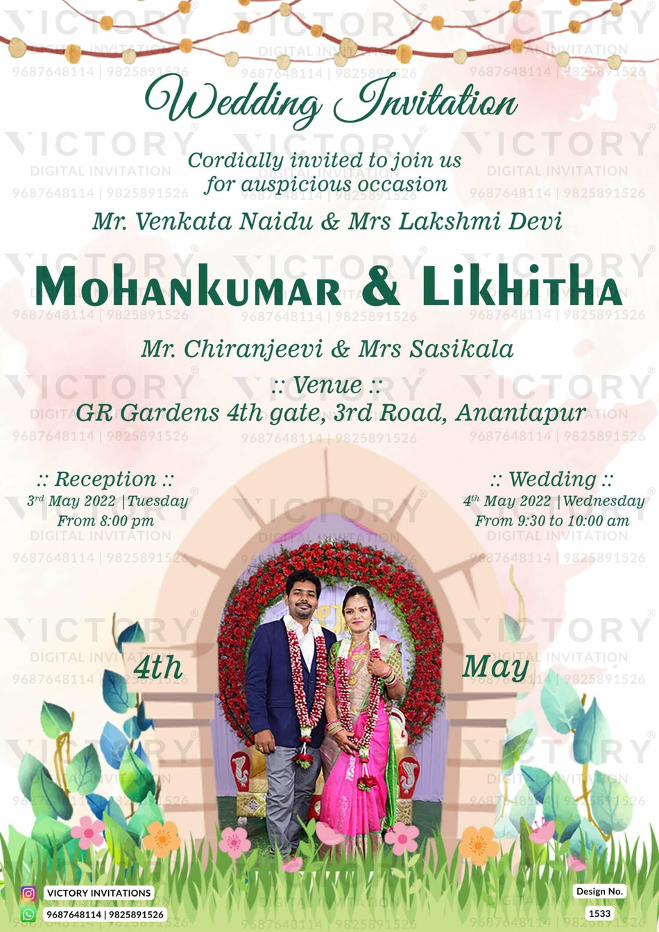 Wedding ceremony invitation card of hindu south indian telugu family in english language with garden theme design 1533