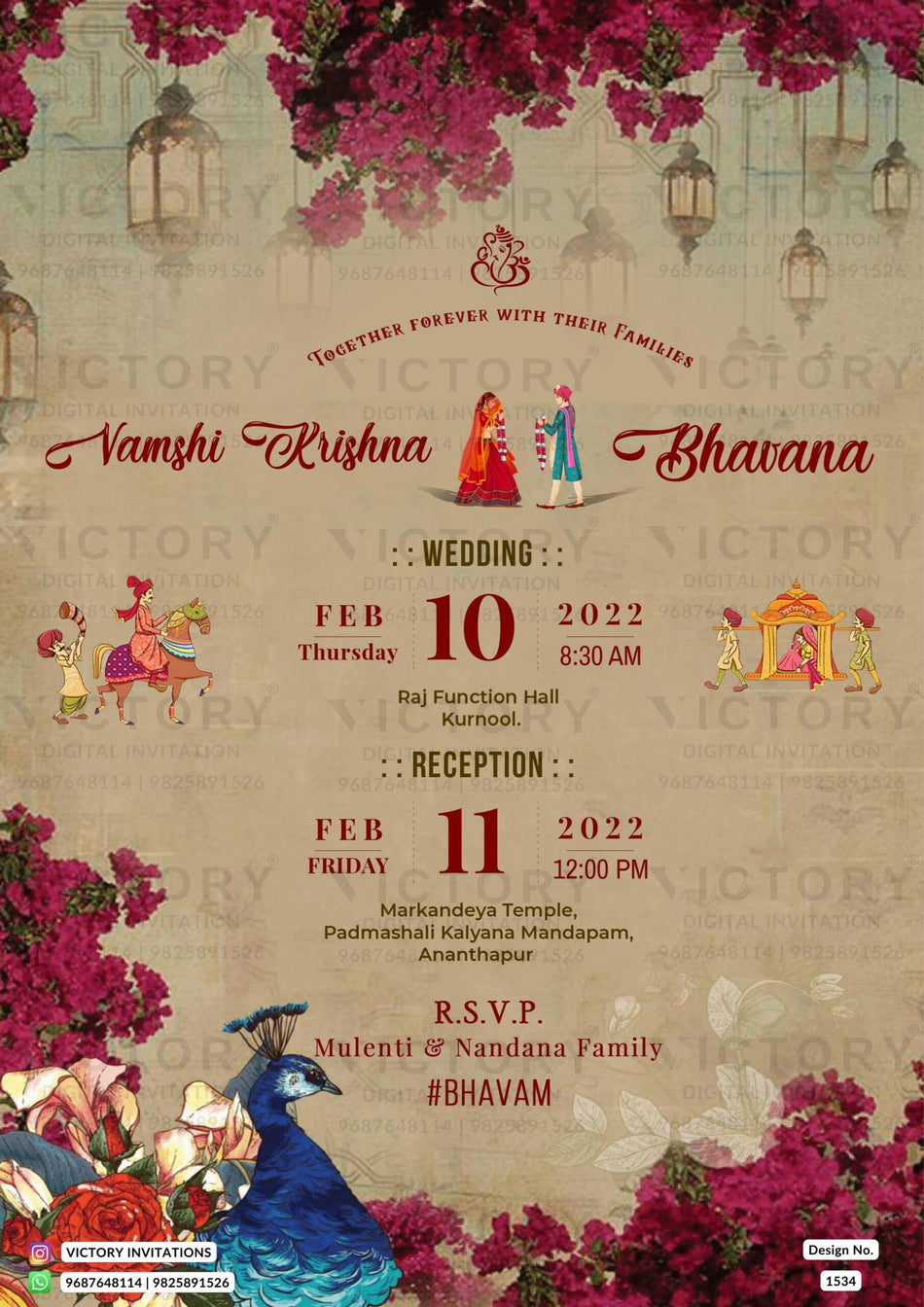 Wedding ceremony invitation card of hindu south indian telugu family in english language with traditional theme design 1534