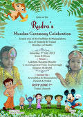 Mundan Ceremony invitation card in english language with green leaves, Chota Bheem, Mickey Mouse, and baby boy images, as cartoon theme design 1535