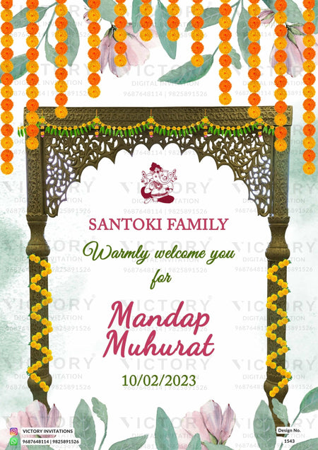 Mandap Welcome Standee design for Wedding in english language with leaves, flowers as gate theme design 1543