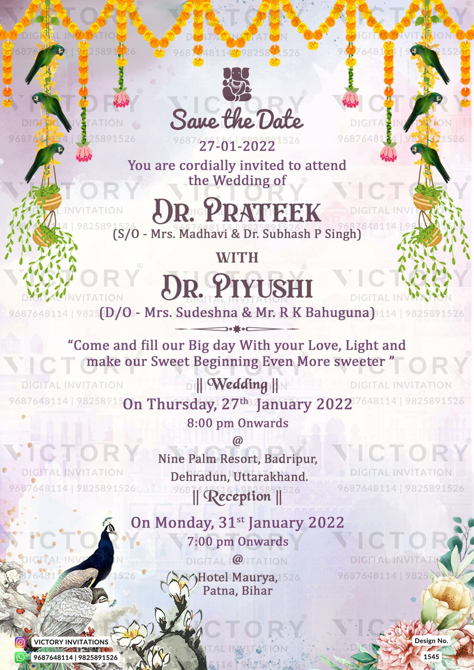 Wedding ceremony invitation card of hindu Bihari family in english language with floral theme design 1545