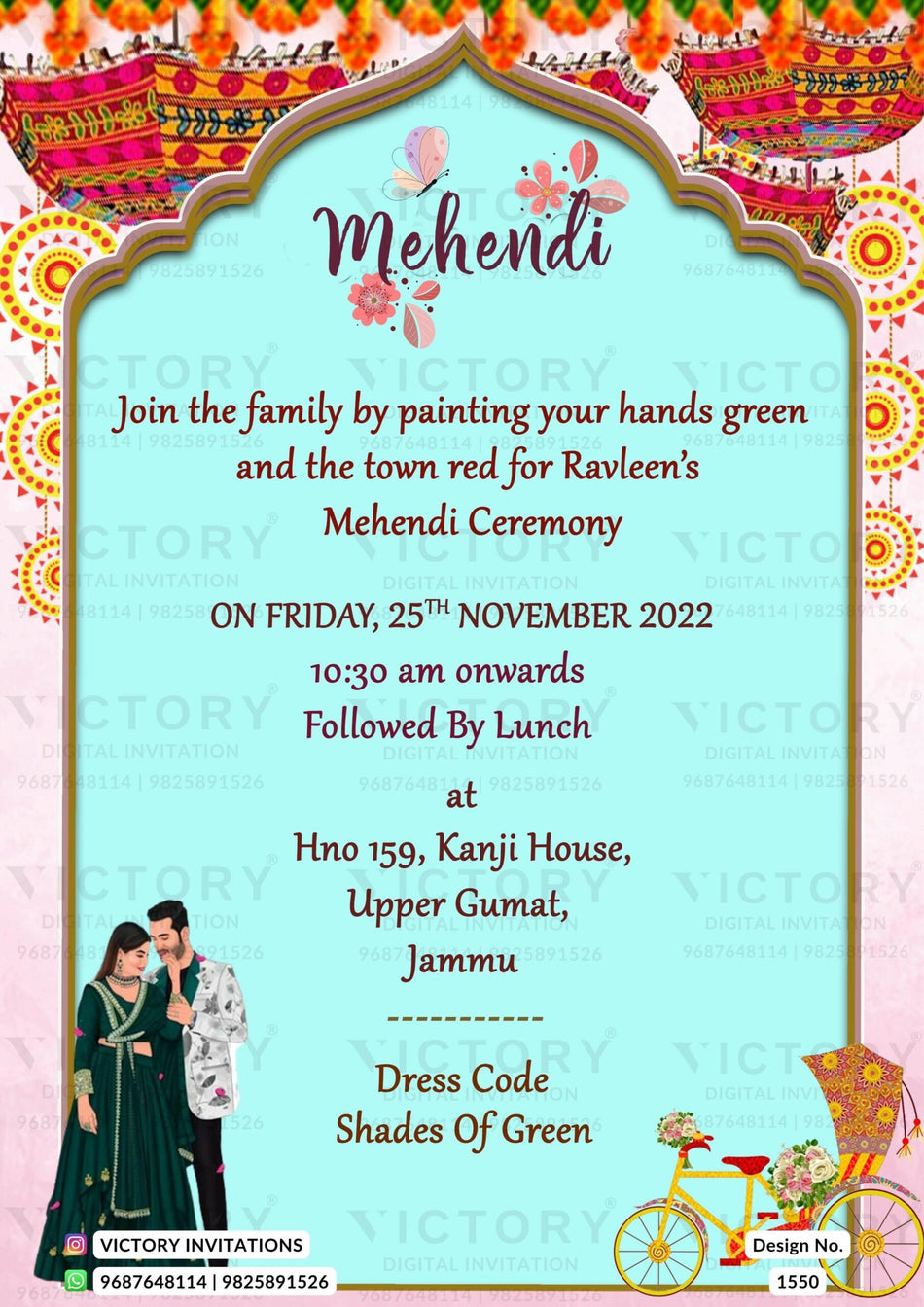 Mehendi ceremony invitation card in english language with umbrella, bicycle, couple doodle as traditional arch theme design 1550