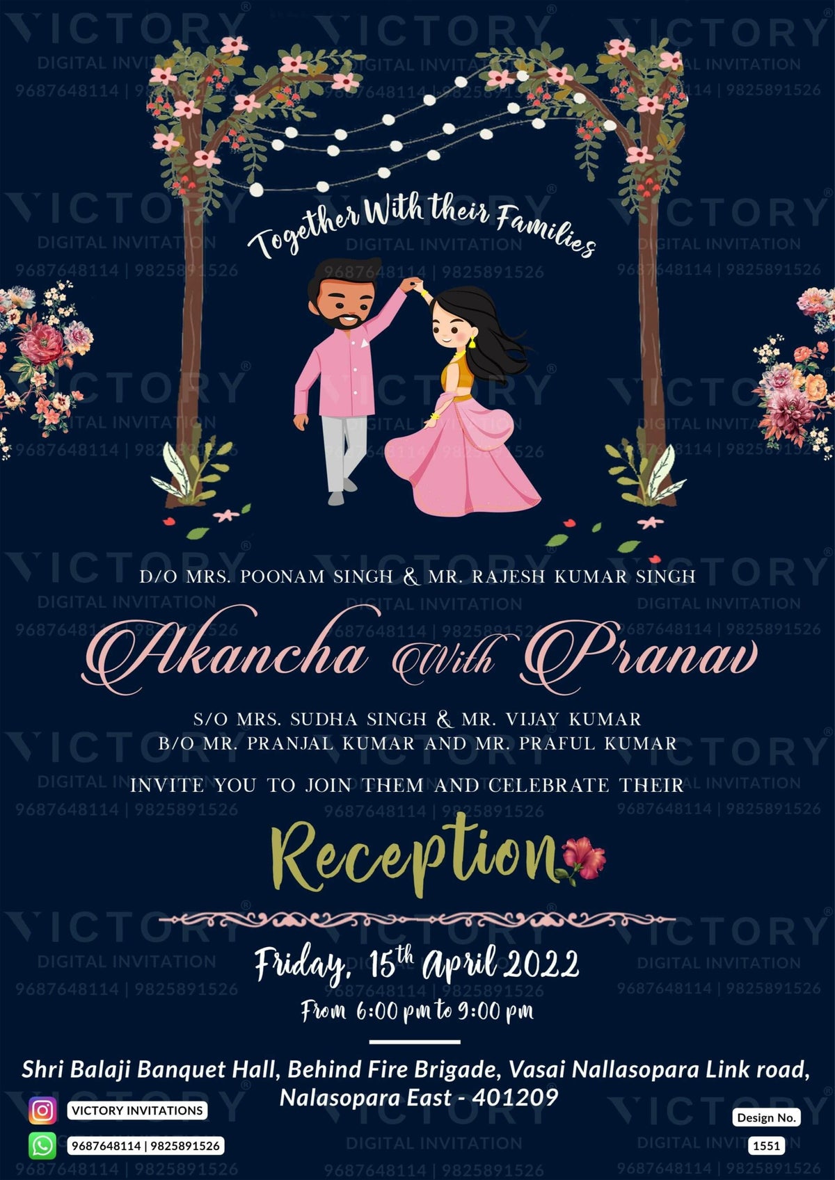 Reception Party invitation card in english language with couple doodle, string lights as minimalistic theme design 1551