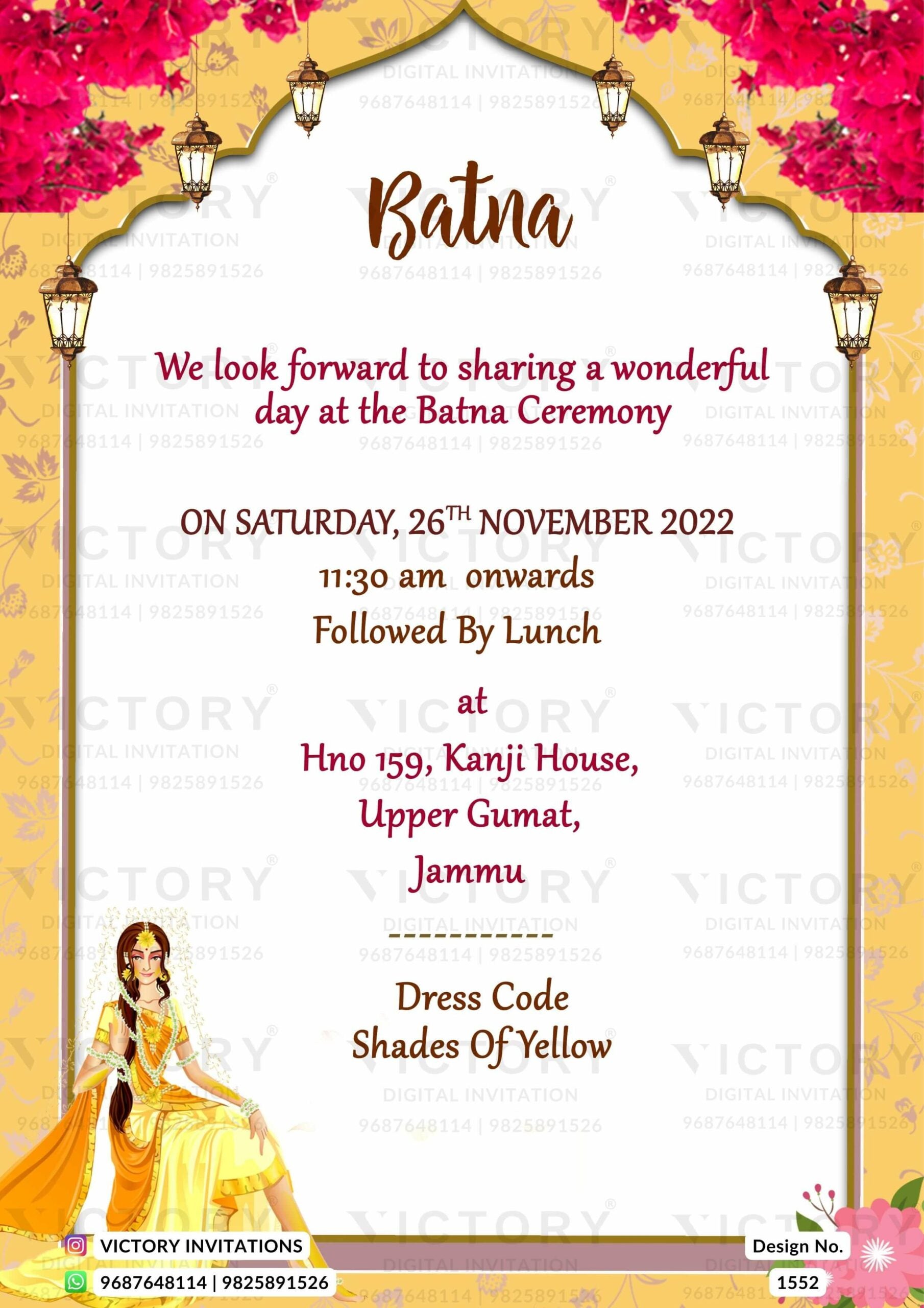 Haldi ceremony invitation card in english language with haldi doodle, lantern as arch theme design 1552