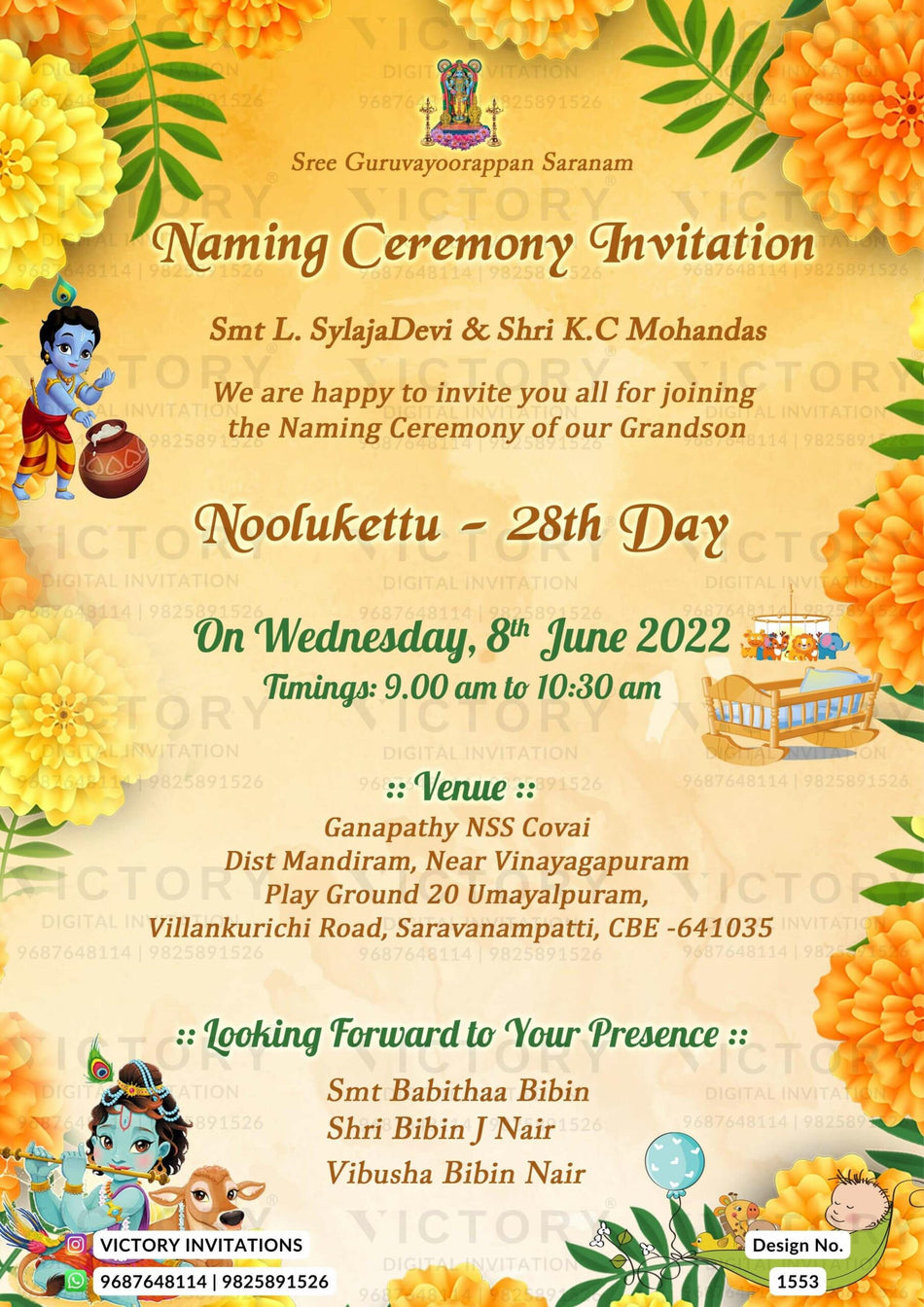 Baby Naming ceremony invitation card in english language with krishna, baby doodle as marigold flower theme design 1553