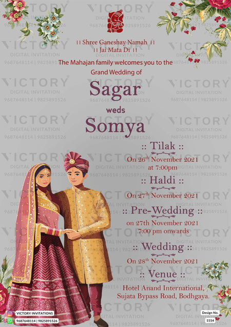 Wedding ceremony invitation card of hindu Bihari family in english language with minimalistic theme design 1554