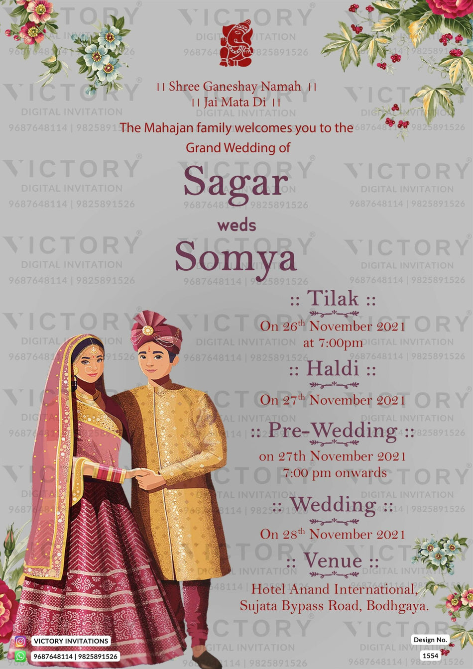 Wedding ceremony invitation card of hindu Bihari family in english language with minimalistic theme design 1554