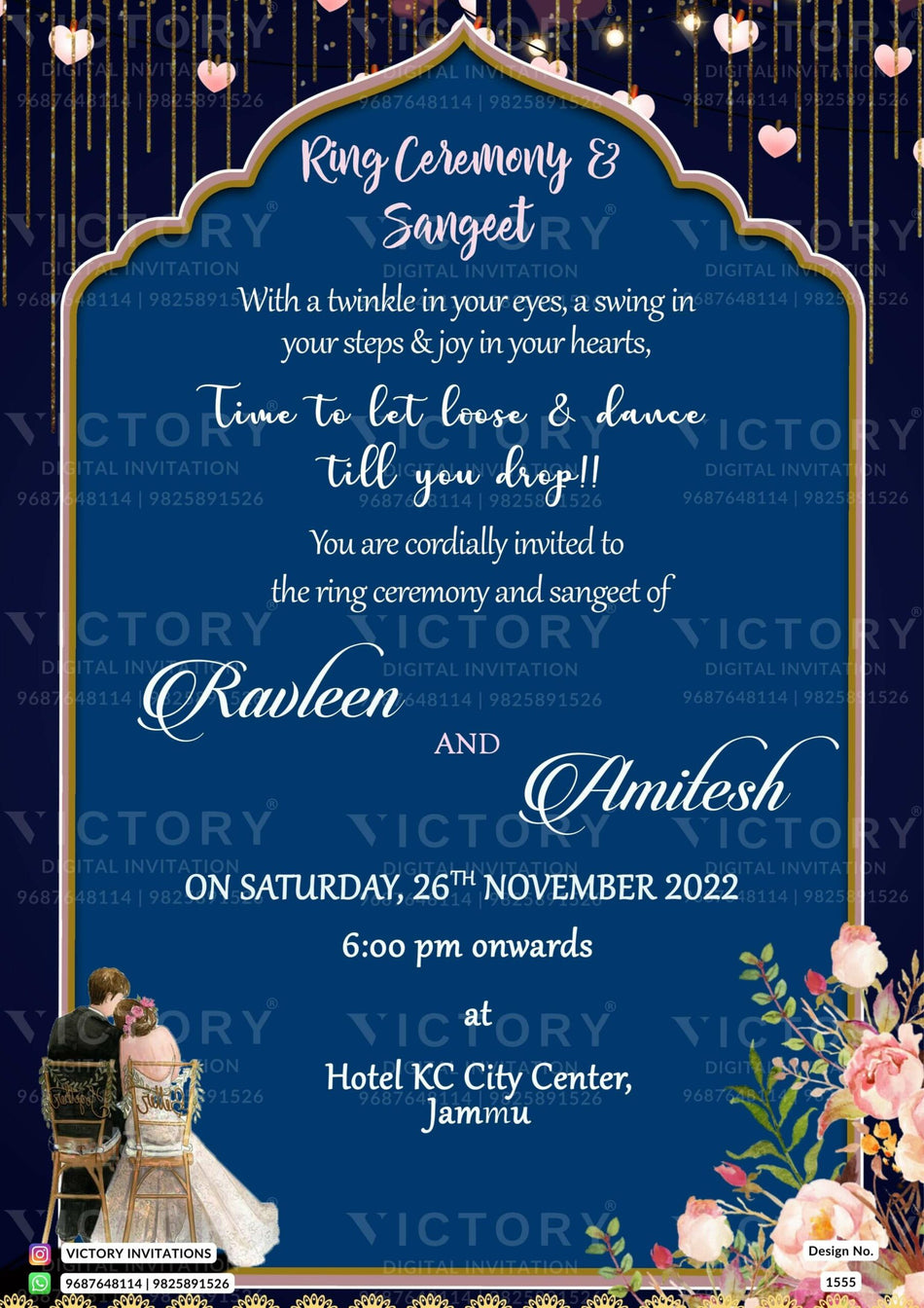 Engagement ceremony invitation card in english language with couple doodle, flowers as arch theme design 1555