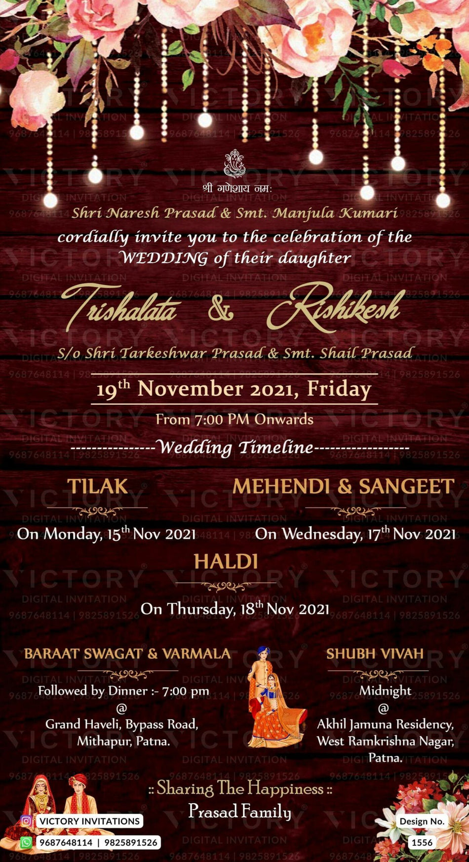 A Wedding Timeline Invite featuring a Rich Deep Brown Backdrop, Charming Couple Doodles, Auspicious Ganesha Logo, and Exquisite Floral Embellishments