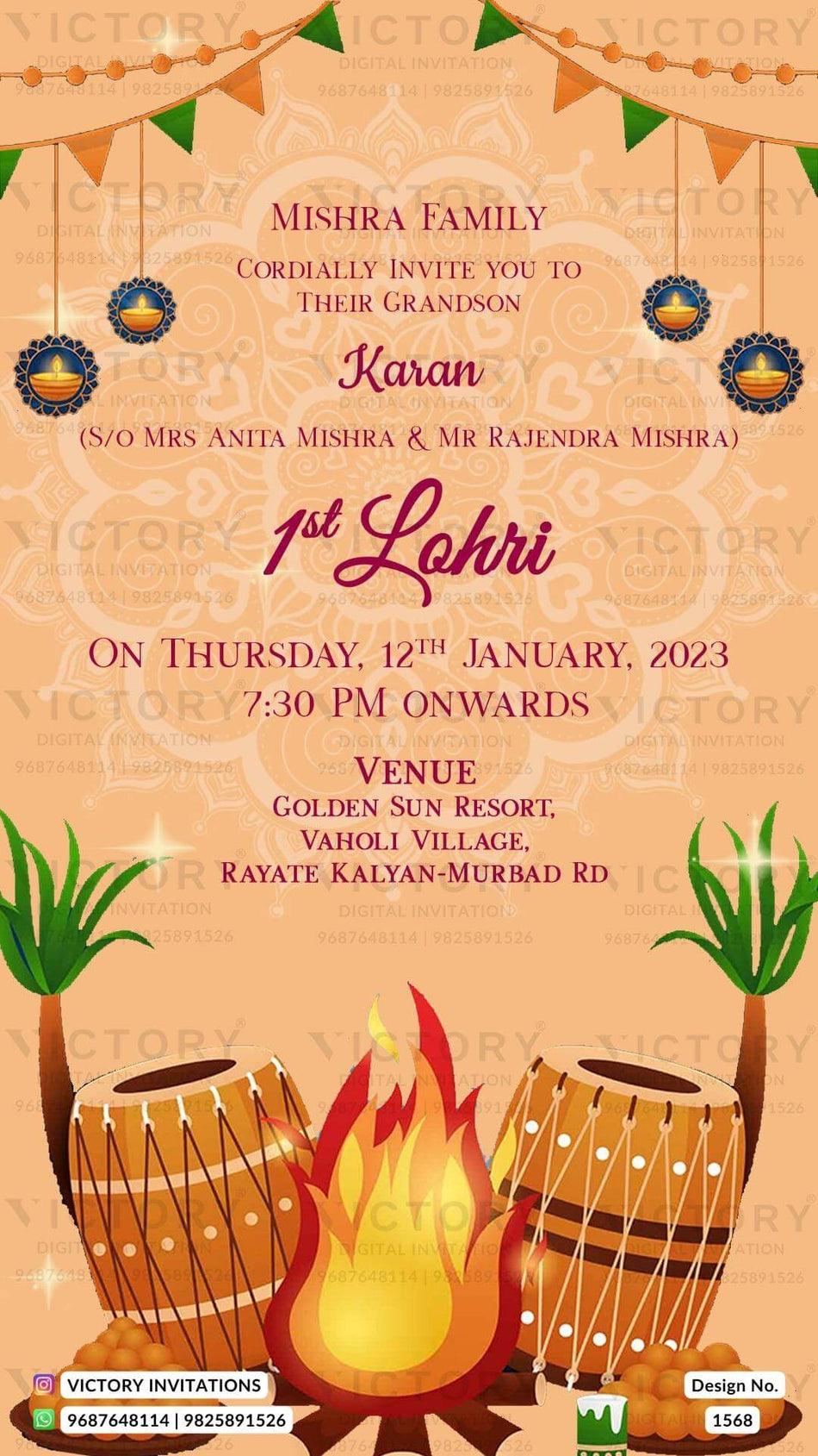Lohri invitation card in english language with toran, diya, bonfire, kite, tabla, bonfire as mandala theme design 1568