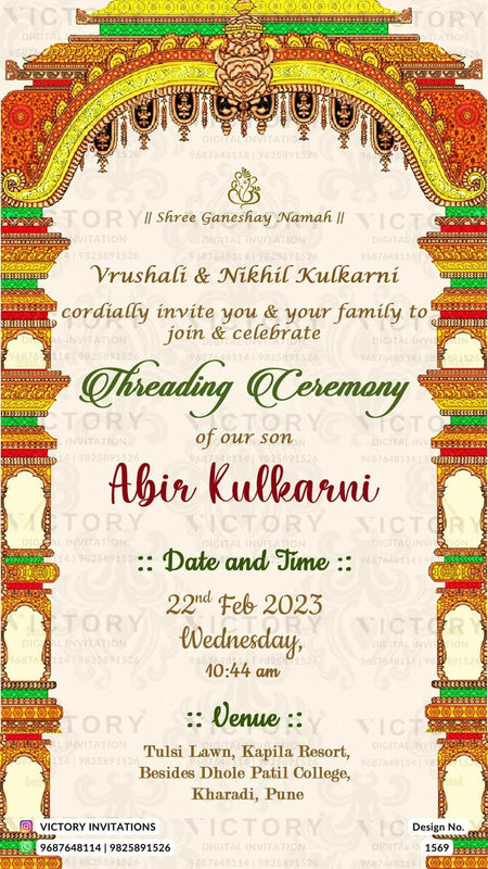 Thread ceremony invitation card in english language with traditional theme design 1569
