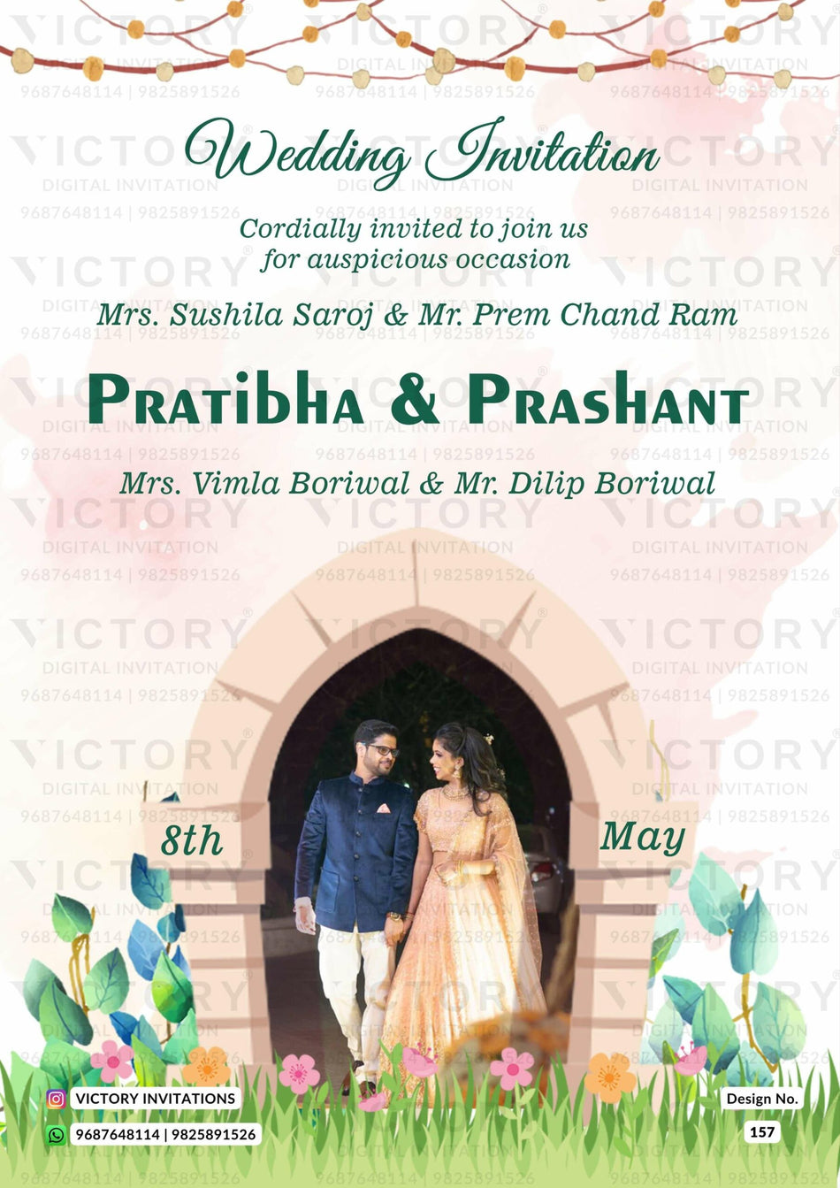 Wedding ceremony invitation card of hindu maharashtrian marathi family in english language with garden theme design 157