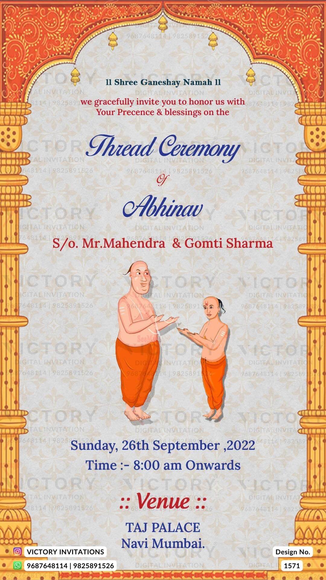 Thread ceremony invitation card in english language with doodle, arch ...